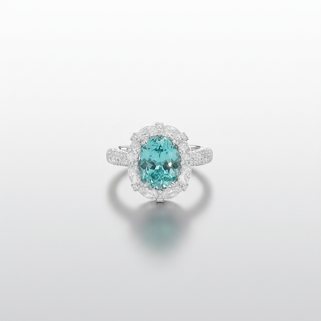 Teal Diamond Oval Halo White Gold Ring - Low Front View