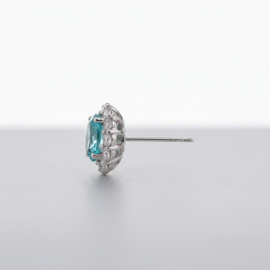 PT950 Lab-Grown Paraiba Tourmaline Diamond Oval Halo Stud Earrings - side view