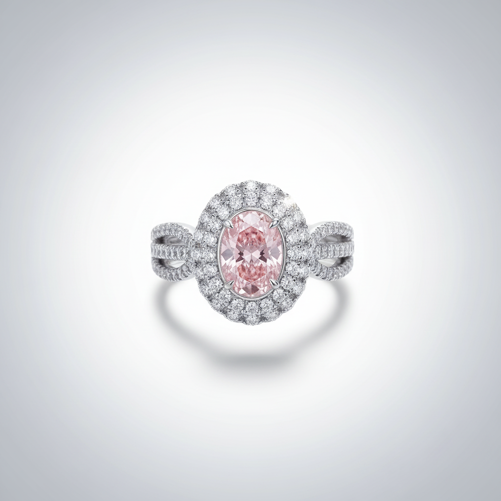 18K White Gold Pink Diamond Oval Halo Ring - Top View