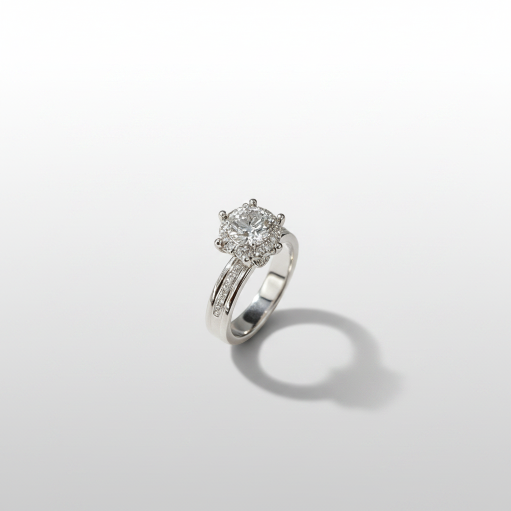 18K White Gold Lab-Grown Diamond IGI Six-Prong Halo Ring - Side View