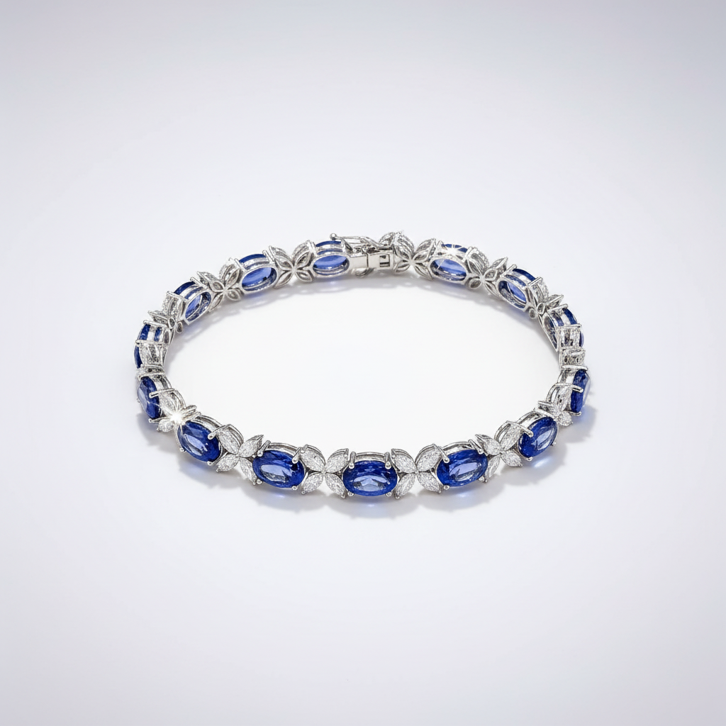 18K White Gold Lab-Grown Blue Sapphire Diamond Floral Tennis Bracelet - top view