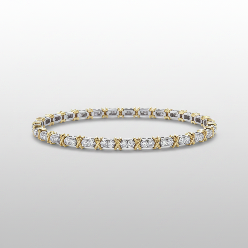 18K Two-Tone Lab-Grown Diamond X-Link Tennis Bracelet - Flat View