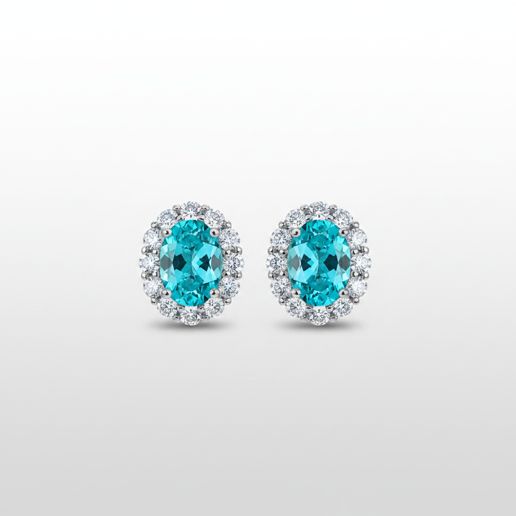 PT950 Lab-Grown Paraiba Tourmaline Diamond Oval Halo Stud Earrings - top view