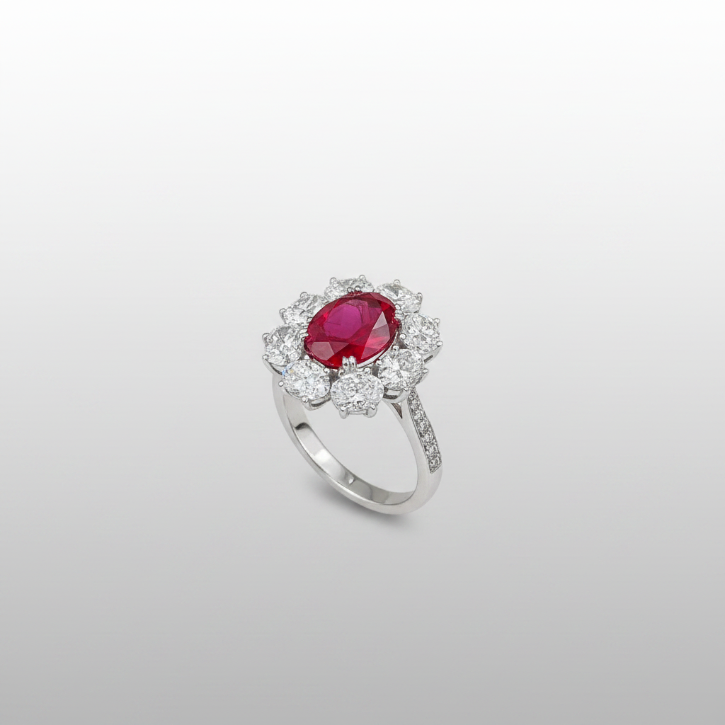 18K White Gold Lab-Grown Ruby Oval Diamond Halo Ring - Side View