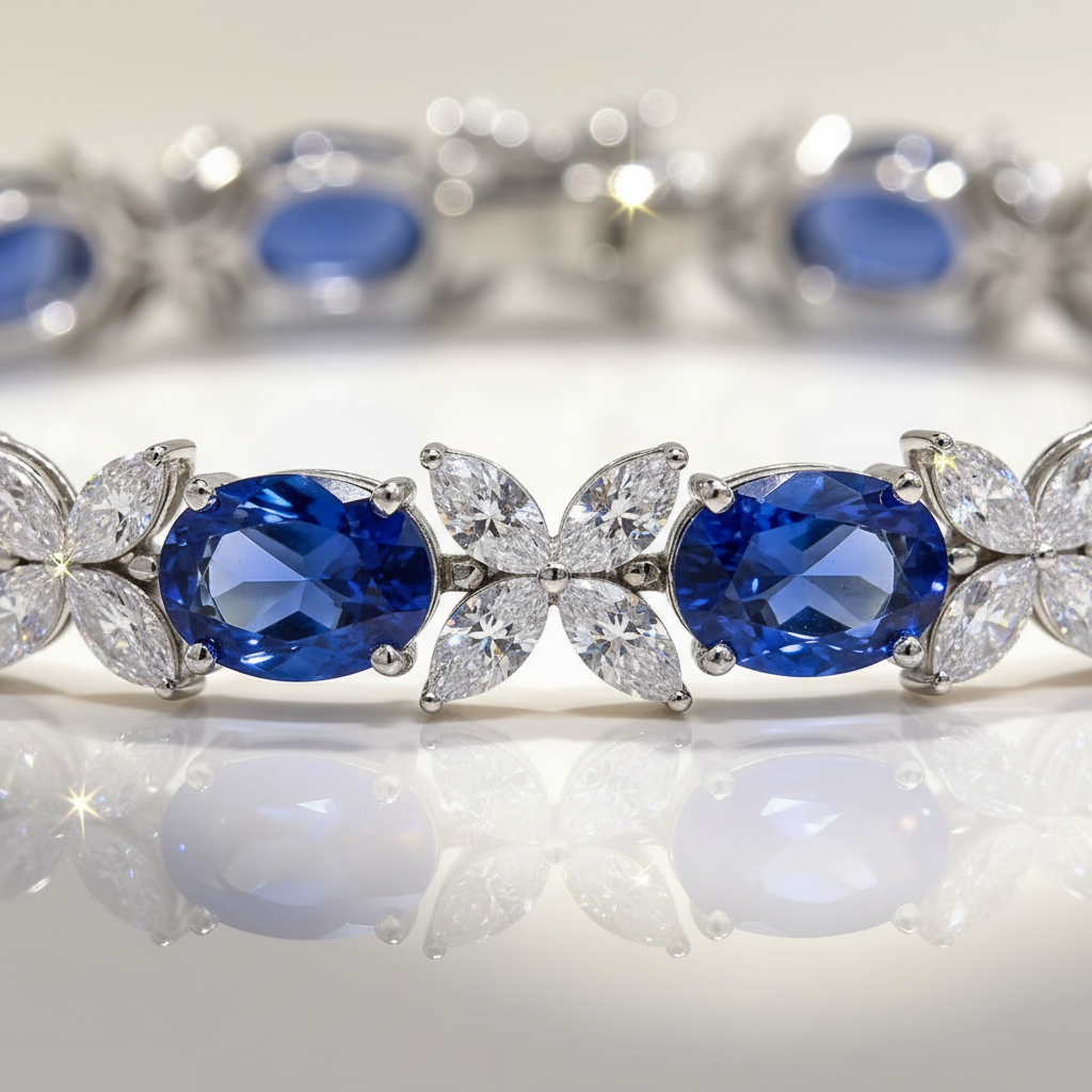 18K White Gold Lab-Grown Blue Sapphire Diamond Floral Tennis Bracelet - detail