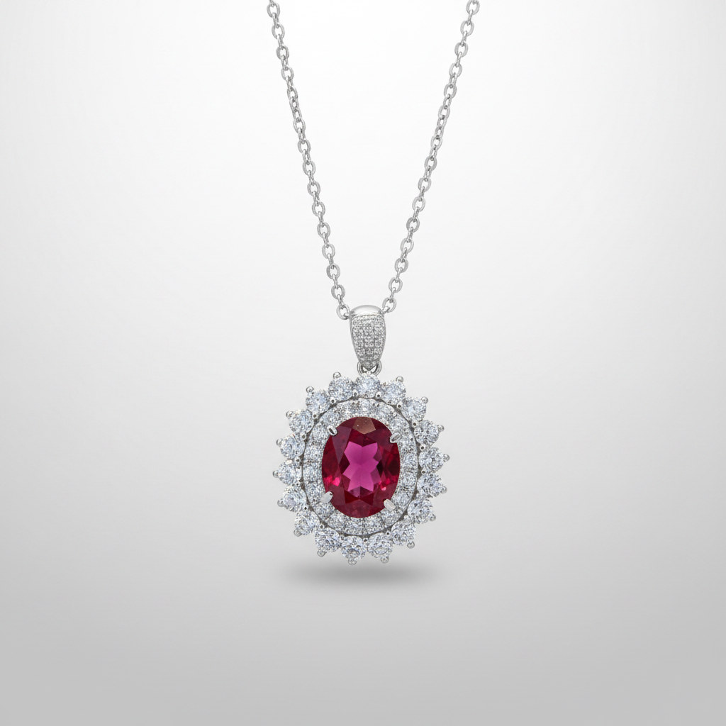 18K White Gold Lab-Grown Ruby Double Halo Diamond Necklace - Front View