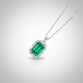18K White Gold Lab-Grown Emerald Baguette Halo Necklace - Front View