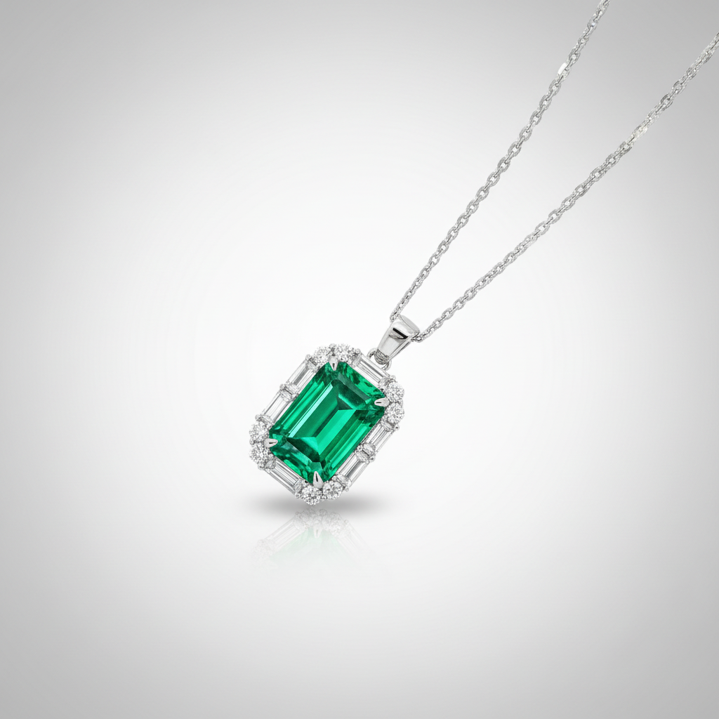 18K White Gold Lab-Grown Emerald Baguette Halo Necklace - Front View