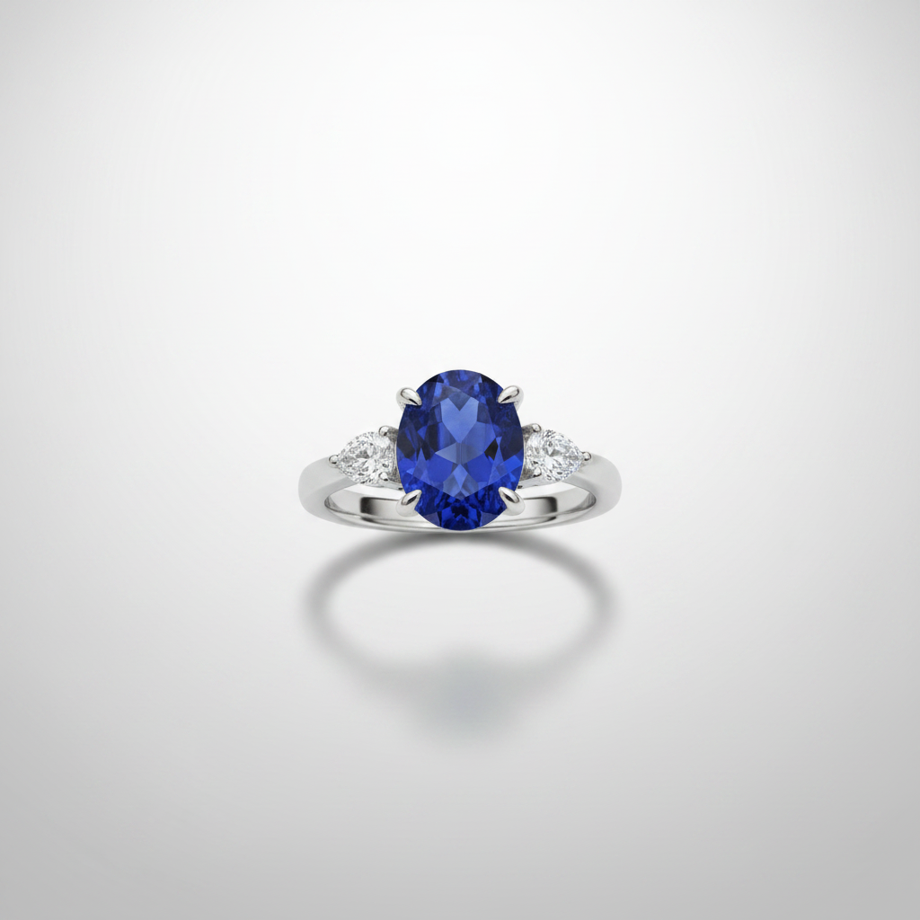 PT950 Lab-Grown Blue Sapphire Oval Three-Stone Ring - Top View