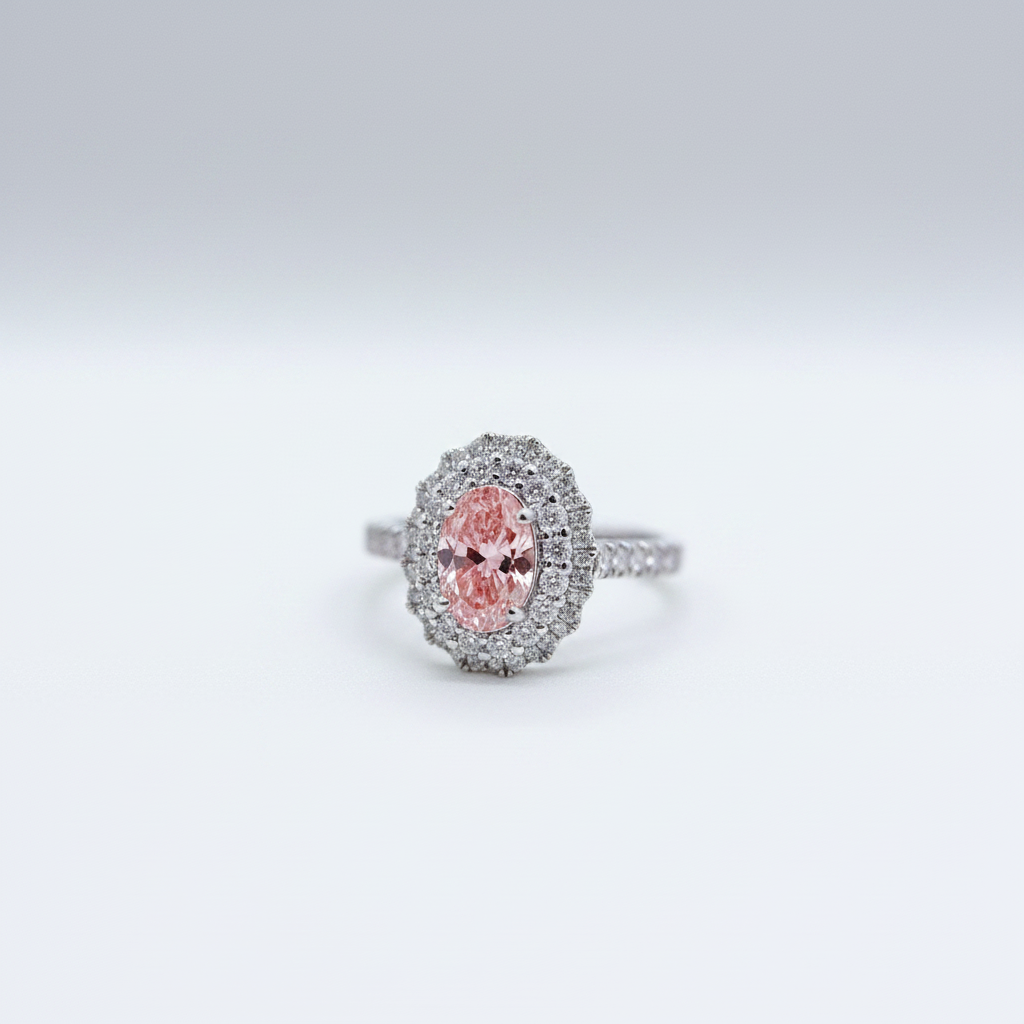 18K White Gold Lab-Grown Pink Diamond Double Halo Ring - Side Elevated View