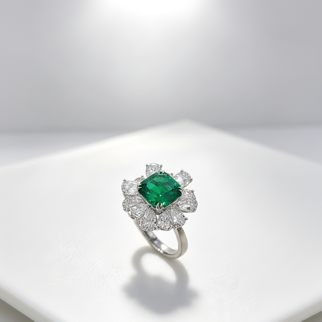 18K White Gold Lab-Grown Emerald Cluster Halo Ring - 45 degree view