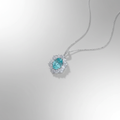 PT950 Lab-Grown Paraiba Tourmaline Sunburst Diamond Halo Necklace - Flat Diagonal View