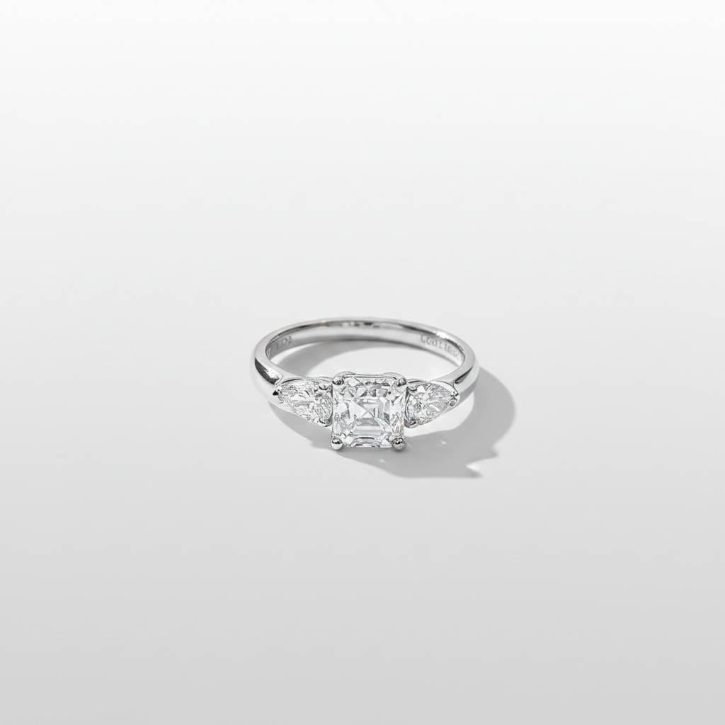 18K White Gold IGI Lab-Grown Diamond Asscher Three-Stone Ring - three-quarter view