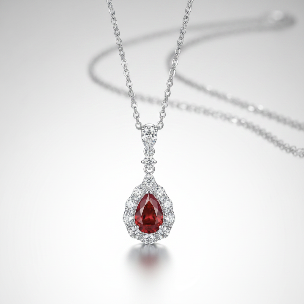 18K White Gold Ruby Diamond Halo Drop Necklace - 45 Degree View