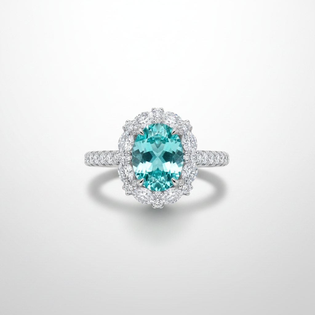 PT950 Paraiba Tourmaline Diamond Halo Ring - Top View