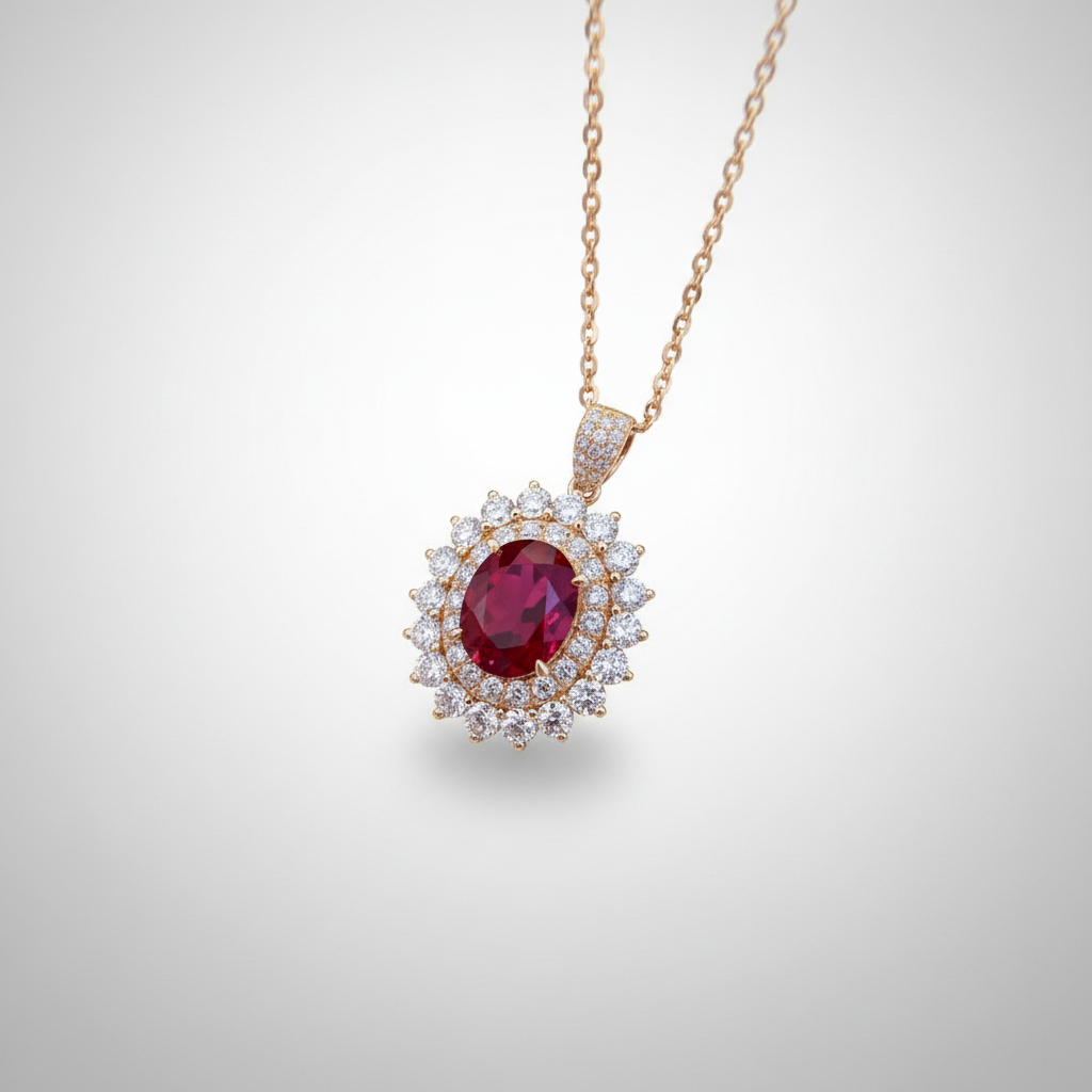 18K Rose Gold Lab-Grown Ruby Double Halo Diamond Necklace - Front View