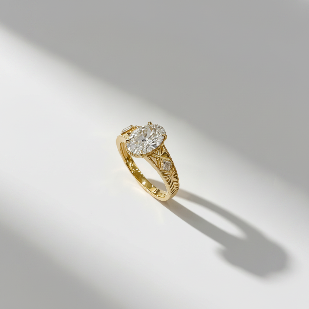18K Yellow Gold Lab-Grown Diamond Oval Vintage Ring - Side View