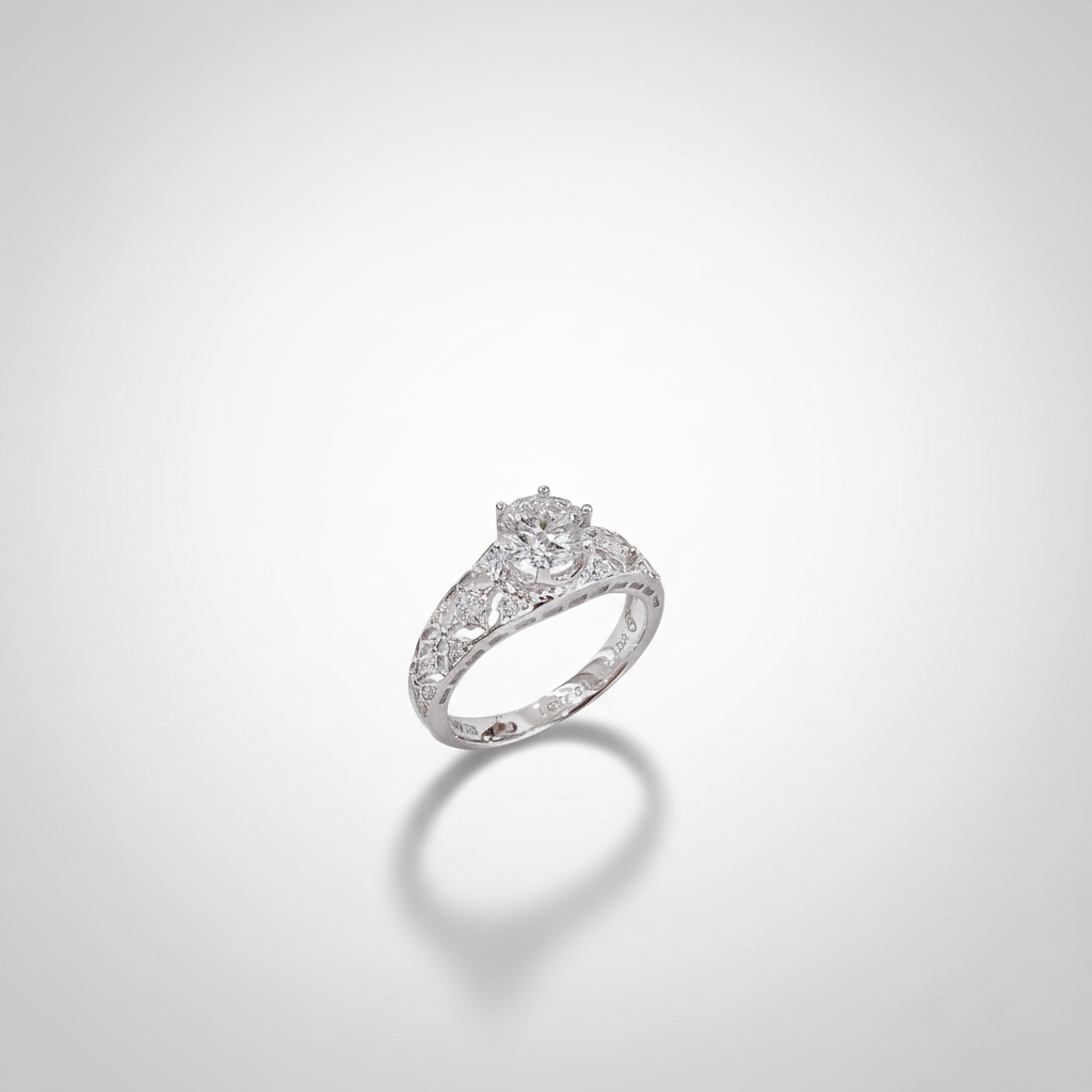 18K White Gold Lab-Grown Diamond Vintage Filigree Six-Prong Ring - Side View
