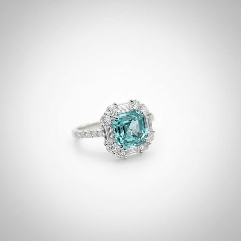 18K White Gold Lab-Grown Paraiba Tourmaline Asscher Halo Ring - Side View