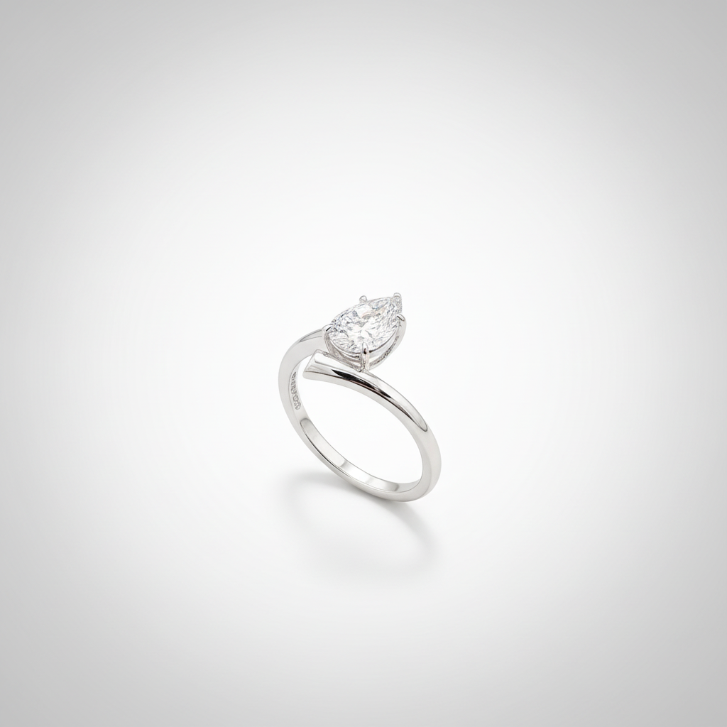 18K White Gold Lab-Grown Diamond Pear-Cut Bypass Solitaire Ring - Front View
