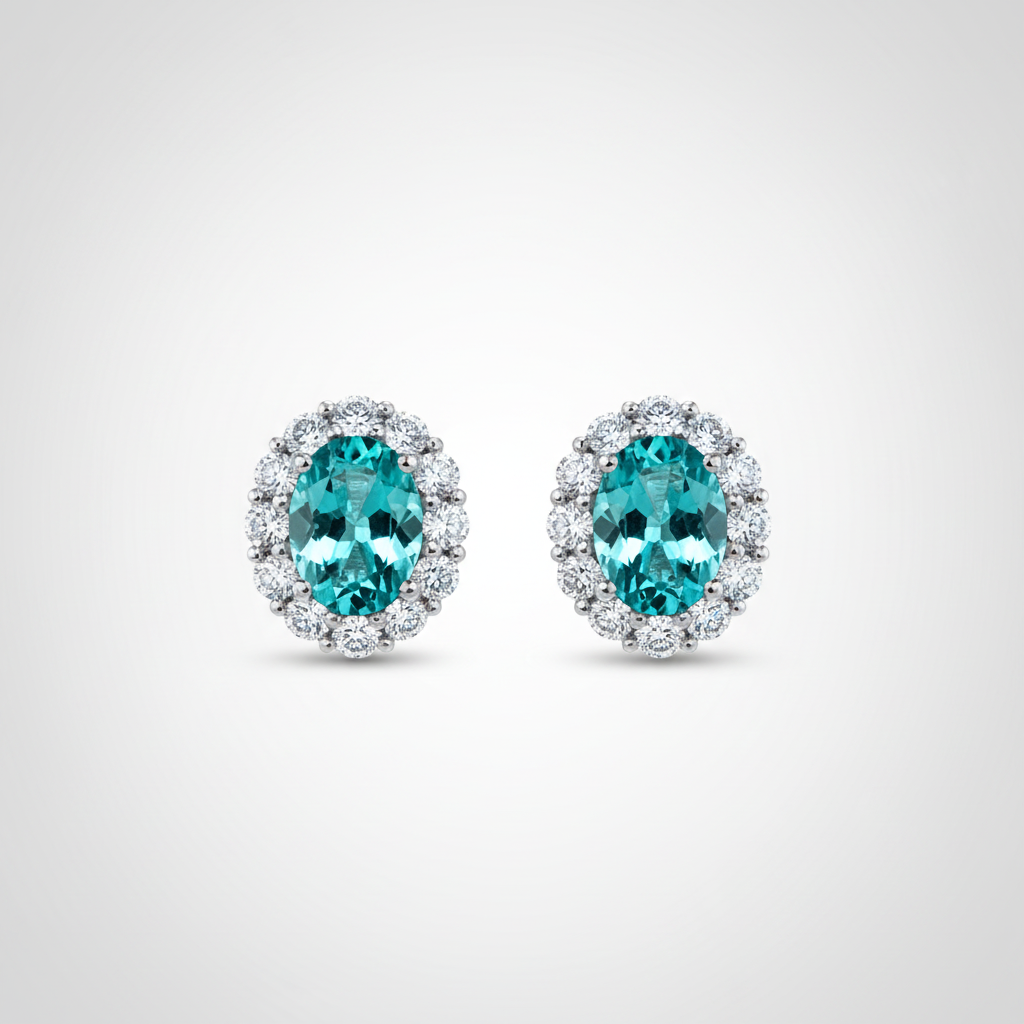 PT950 Lab-Grown Paraiba Tourmaline Diamond Oval Halo Stud Earrings - front view