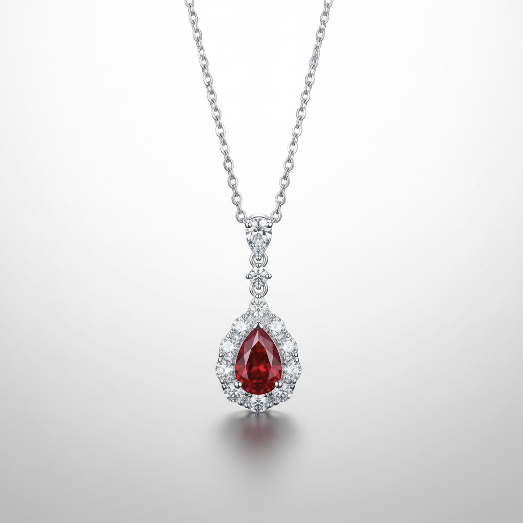 18K White Gold Ruby Diamond Halo Drop Necklace - Front View