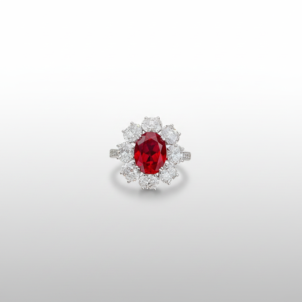 18K White Gold Lab-Grown Ruby Oval Diamond Halo Ring - Top View