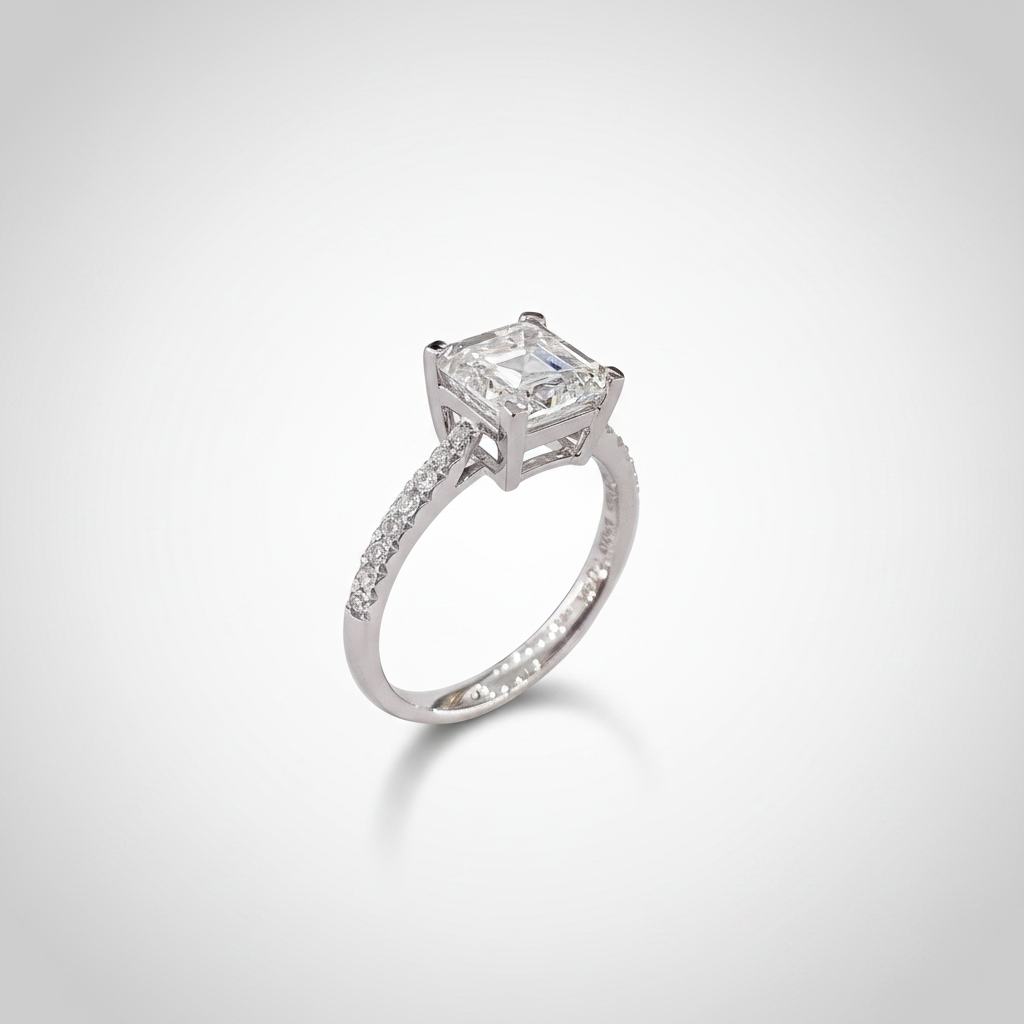 18K White Gold IGI Lab-Grown Asscher Cut Diamond Pavé Ring - three-quarter view