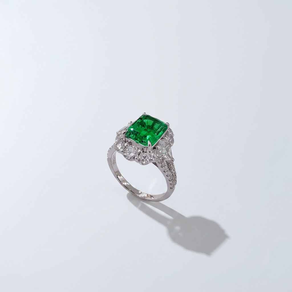 18K White Gold Lab-Grown Emerald Diamond Halo Y-Band Ring - 45 Degree View