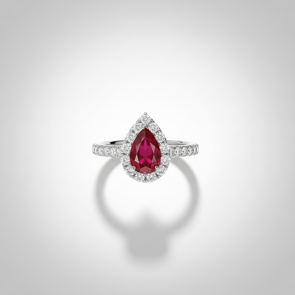 18K Lab-Grown Ruby Pear Halo Ring - top view