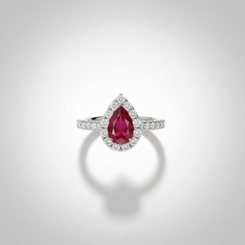 18K Lab-Grown Ruby Pear Halo Ring - top view