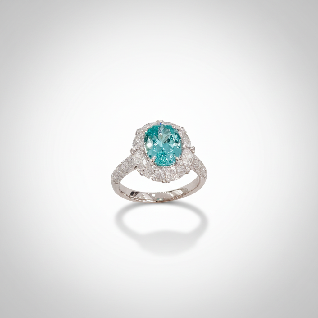 PT950 Paraiba Tourmaline Diamond Halo Ring - 45 Degree View