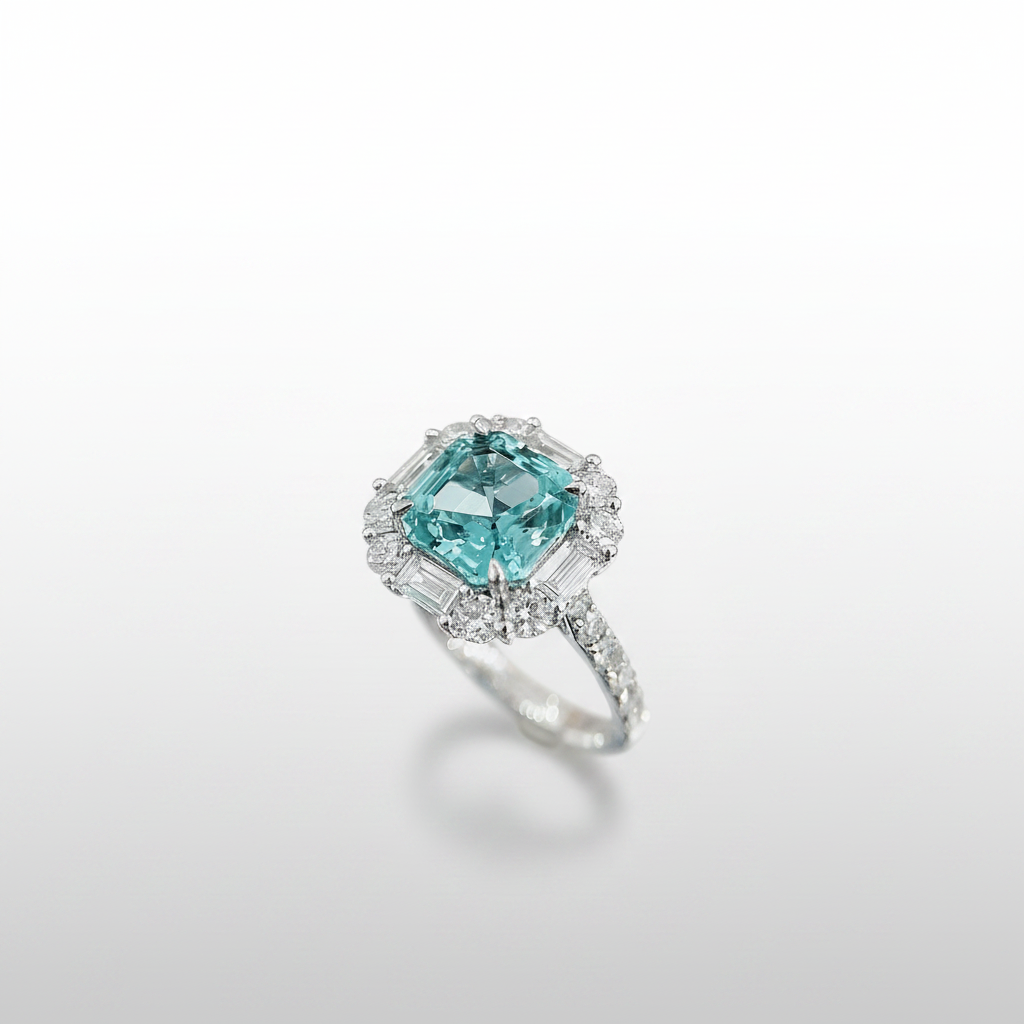 18K White Gold Lab-Grown Paraiba Tourmaline Asscher Halo Ring - 45 Degree View