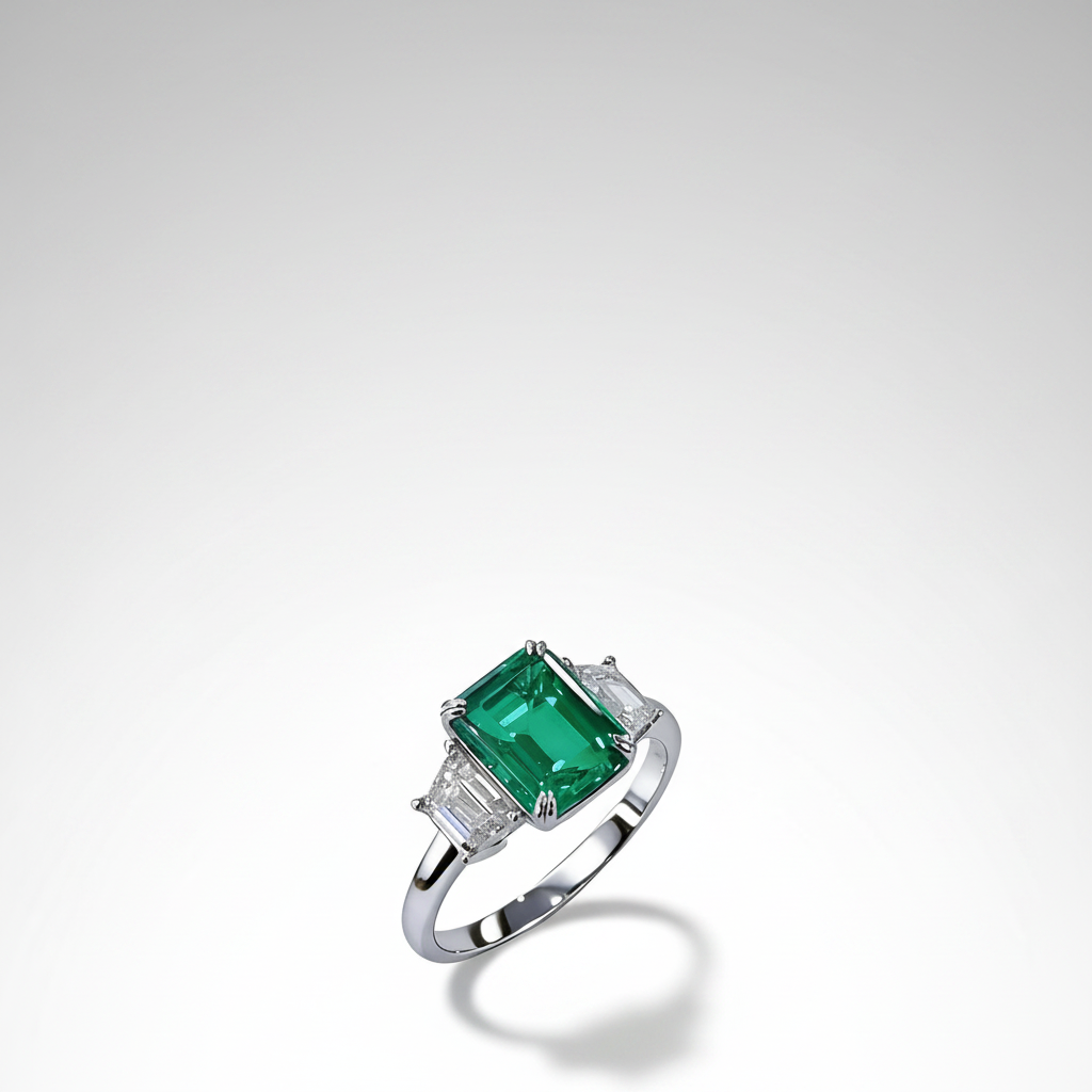 PT950 Lab-Grown Emerald Three-Stone Ring - 45 Degree View