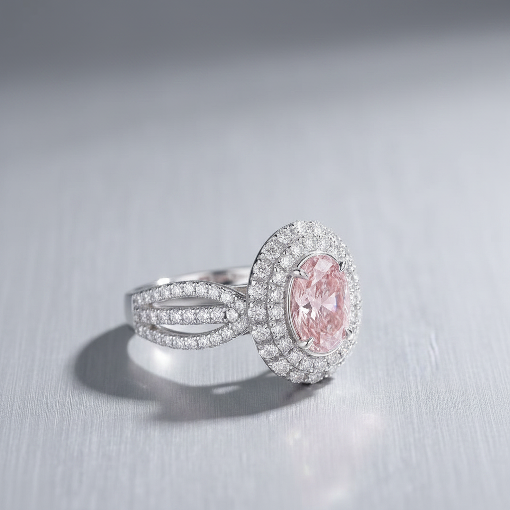 18K White Gold Pink Diamond Oval Halo Ring - Side View