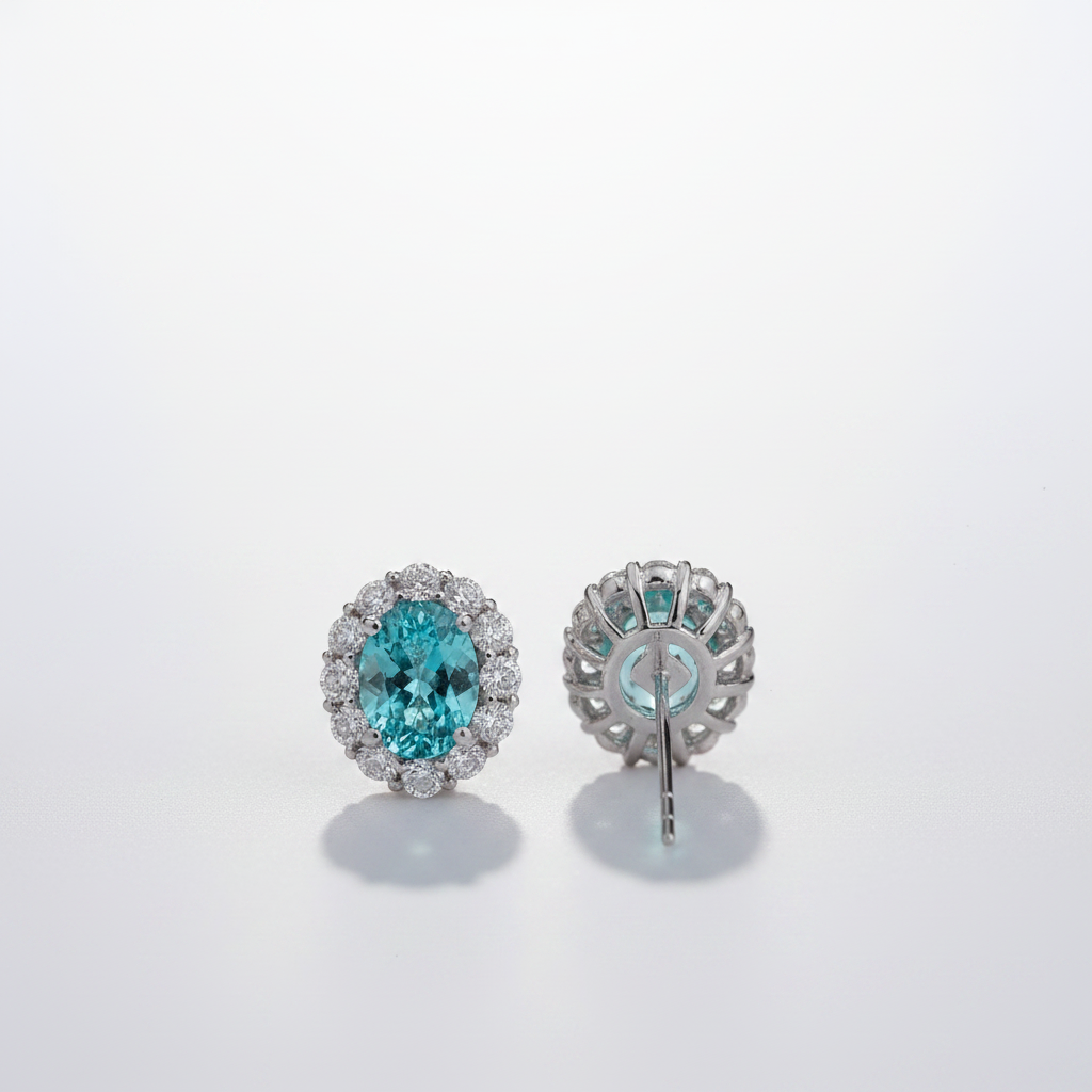 PT950 Lab-Grown Paraiba Tourmaline Diamond Oval Halo Stud Earrings - actual product