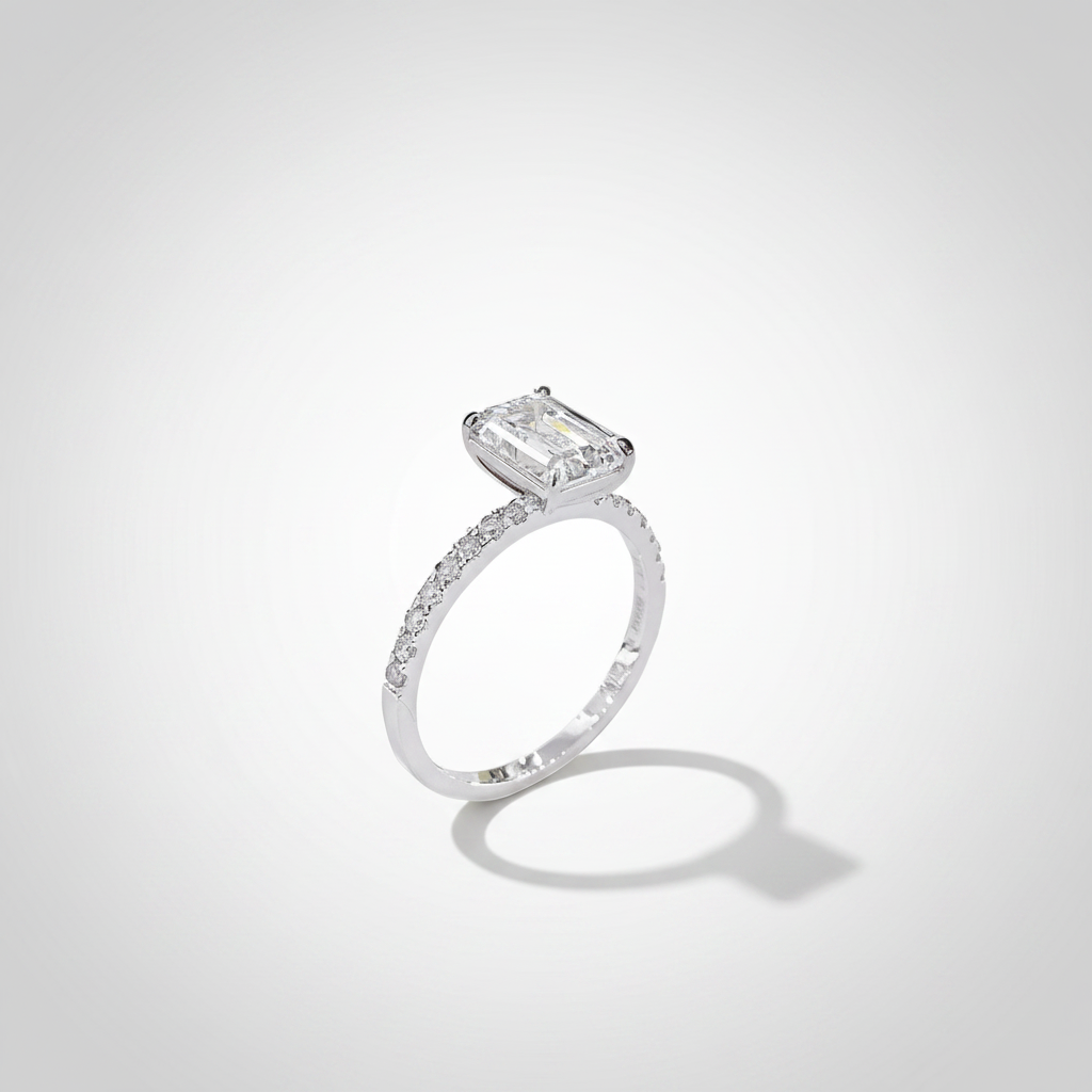 18K White Gold IGI Lab-Grown Emerald Cut Diamond Pavé Ring - three-quarter view