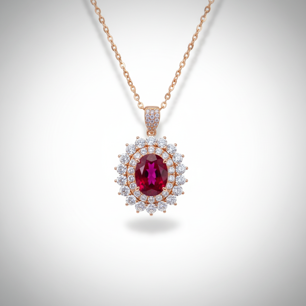 18K Rose Gold Lab-Grown Ruby Double Halo Pendant Necklace - top view