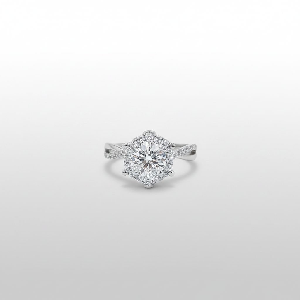 18K White Gold Lab-Grown Diamond Iris Flower Halo Ring - Front View