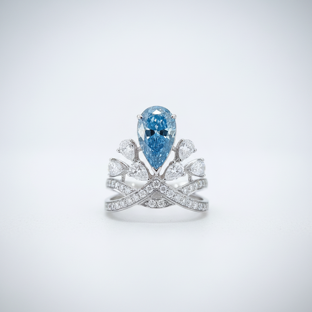 18K White Gold IGI Lab-Grown Blue Diamond Pear Crown Ring - front view