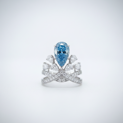 18K White Gold IGI Lab-Grown Blue Diamond Pear Crown Ring - front view