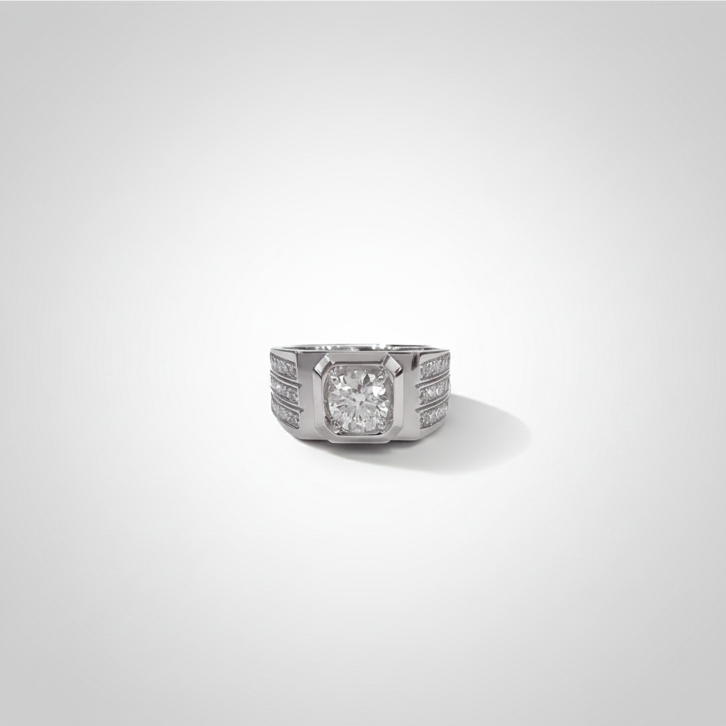 PT950 Lab-Grown Diamond Three-Row Pavé Men's Ring - Front View