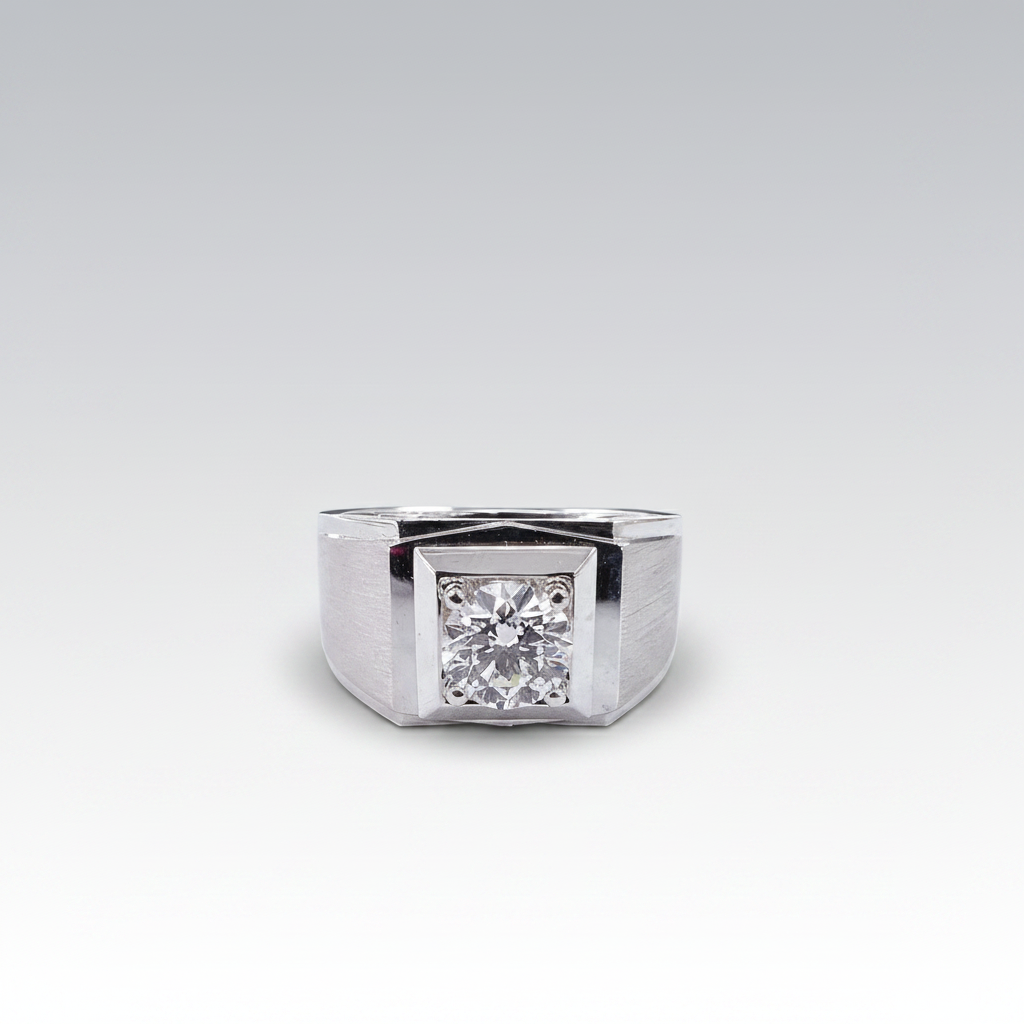 PT950 Lab-Grown Diamond Brushed Signet Ring - Front View