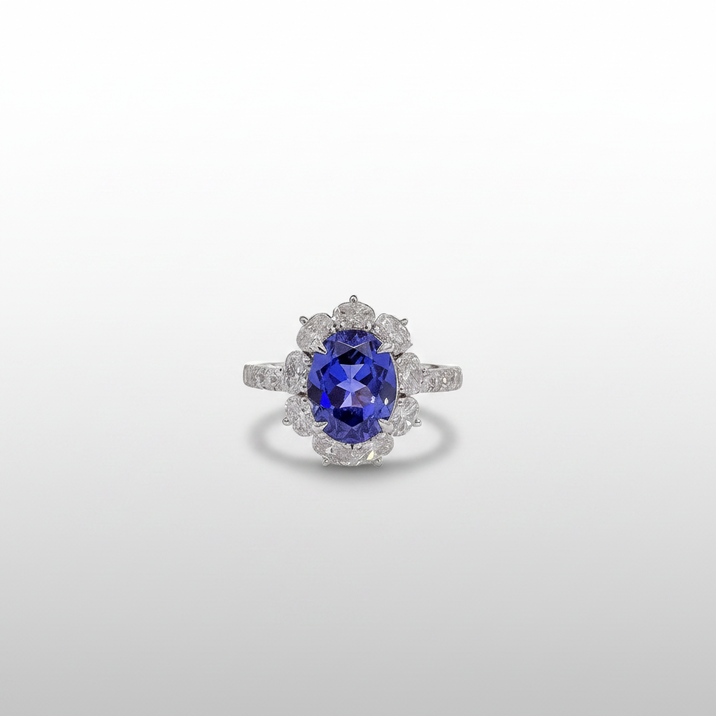 PT950 Lab-Grown Blue Sapphire Oval Half-Moon Diamond Halo Ring - Front Upright View