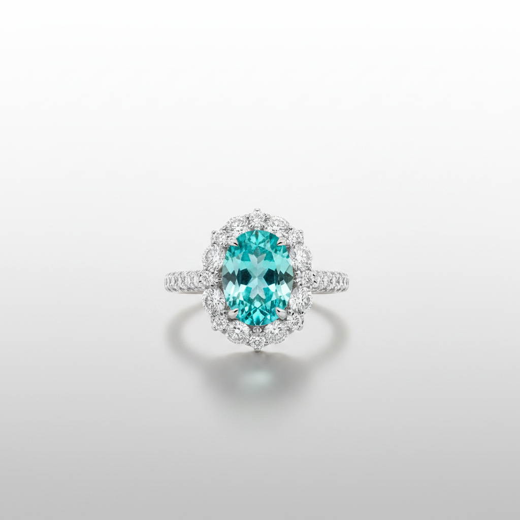PT950 Paraiba Tourmaline Diamond Halo Ring - Front View