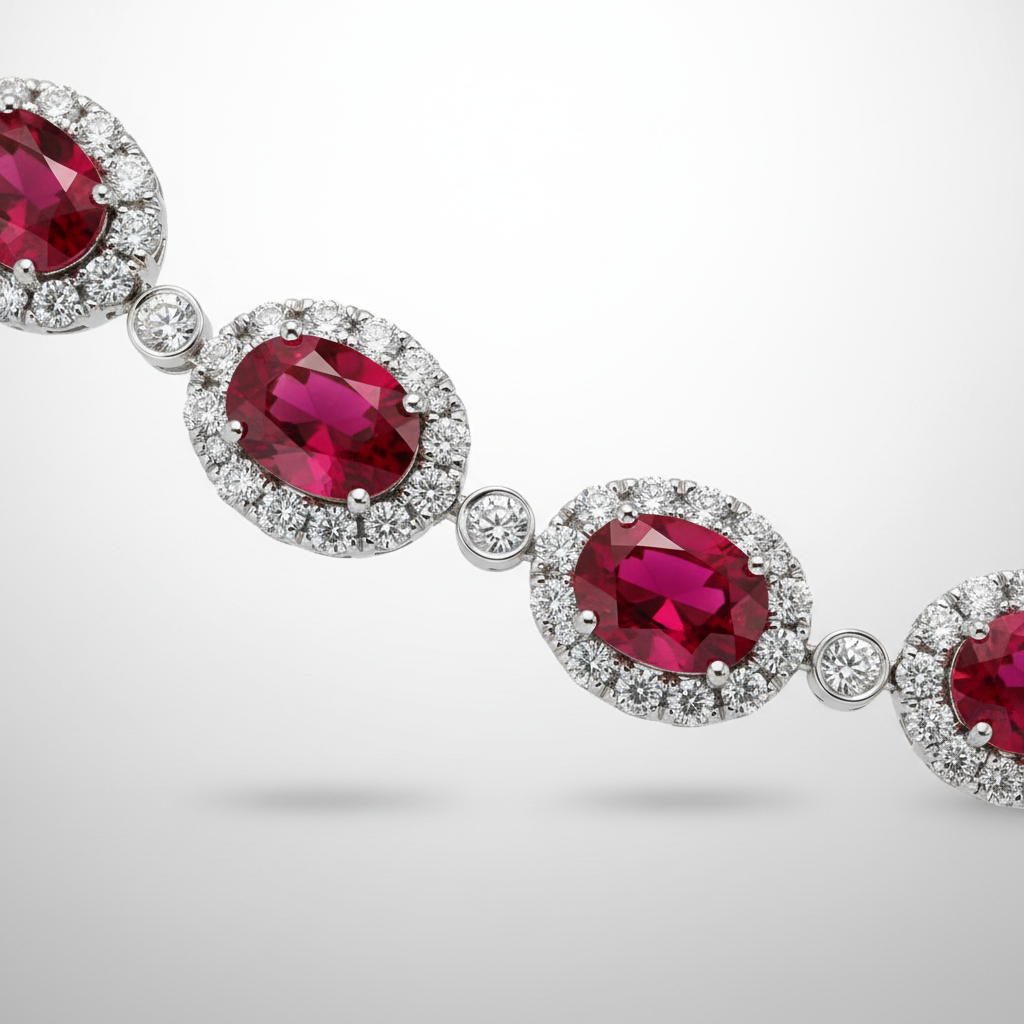 PT950 Lab-Grown Ruby Diamond Oval Halo Bubble Tennis Bracelet - detail