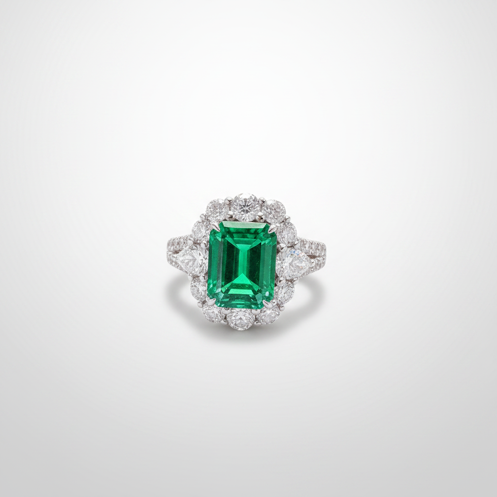 18K White Gold Lab-Grown Emerald Diamond Halo Y-Band Ring - Elevated View