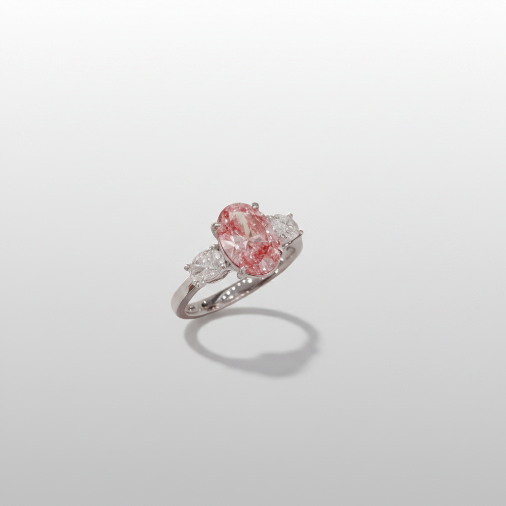 18K White Gold Lab-Grown Pink Diamond Oval Three-Stone Ring - Side View
