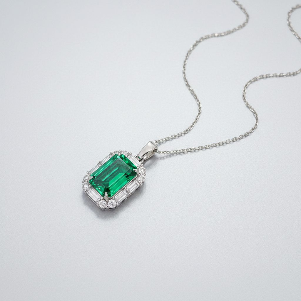 18K White Gold Lab-Grown Emerald Baguette Halo Necklace - Flat Diagonal View