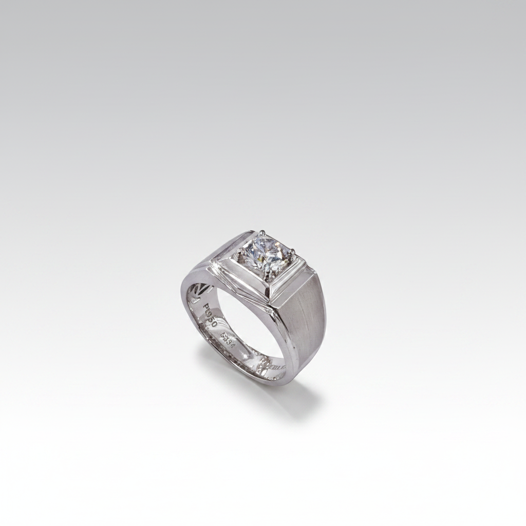 PT950 Lab-Grown Diamond Brushed Signet Ring - Side View